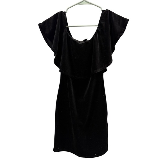 Forever 21 Black Velvet Ruffle Off Shoulder Bodycon Mini Dress - M - Picture 2 of 6